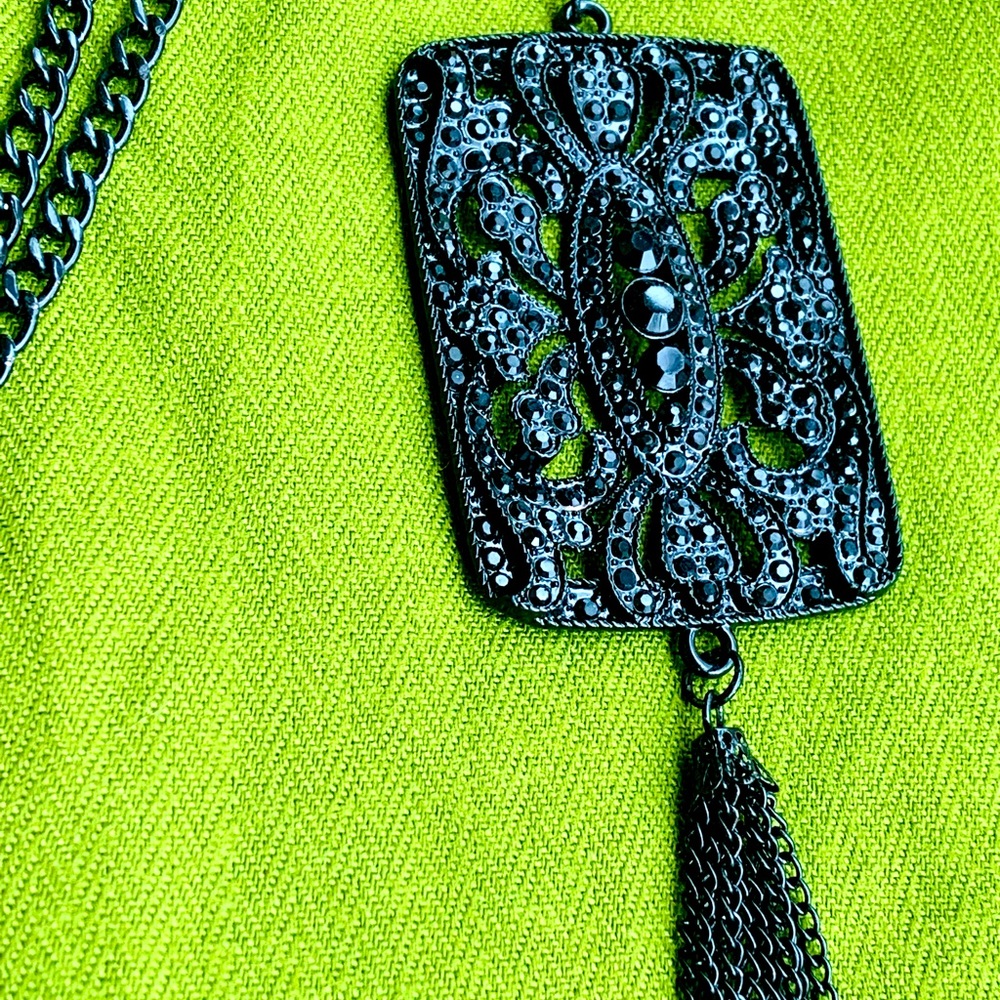 •Long Black Statement Necklace with Talisman•